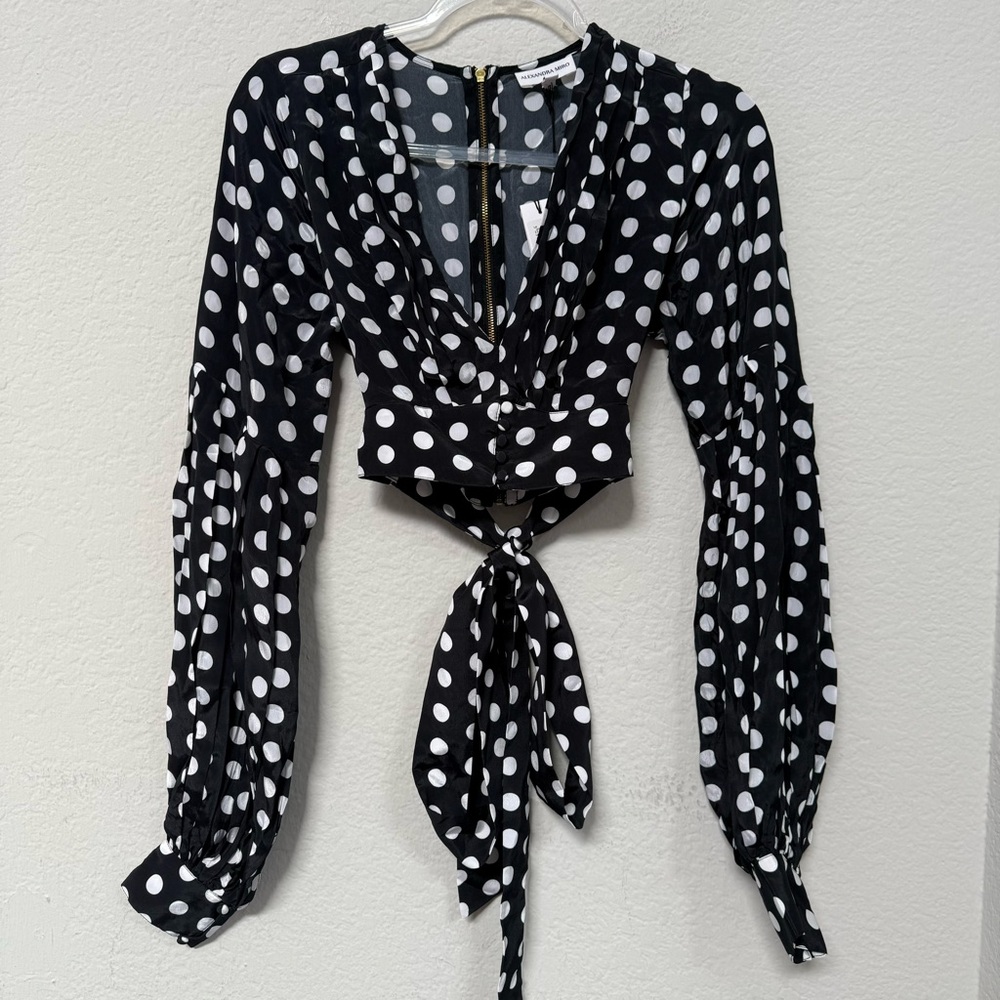 Polka Dot Long Sleeve Tie-Front Crop Top - Black/White